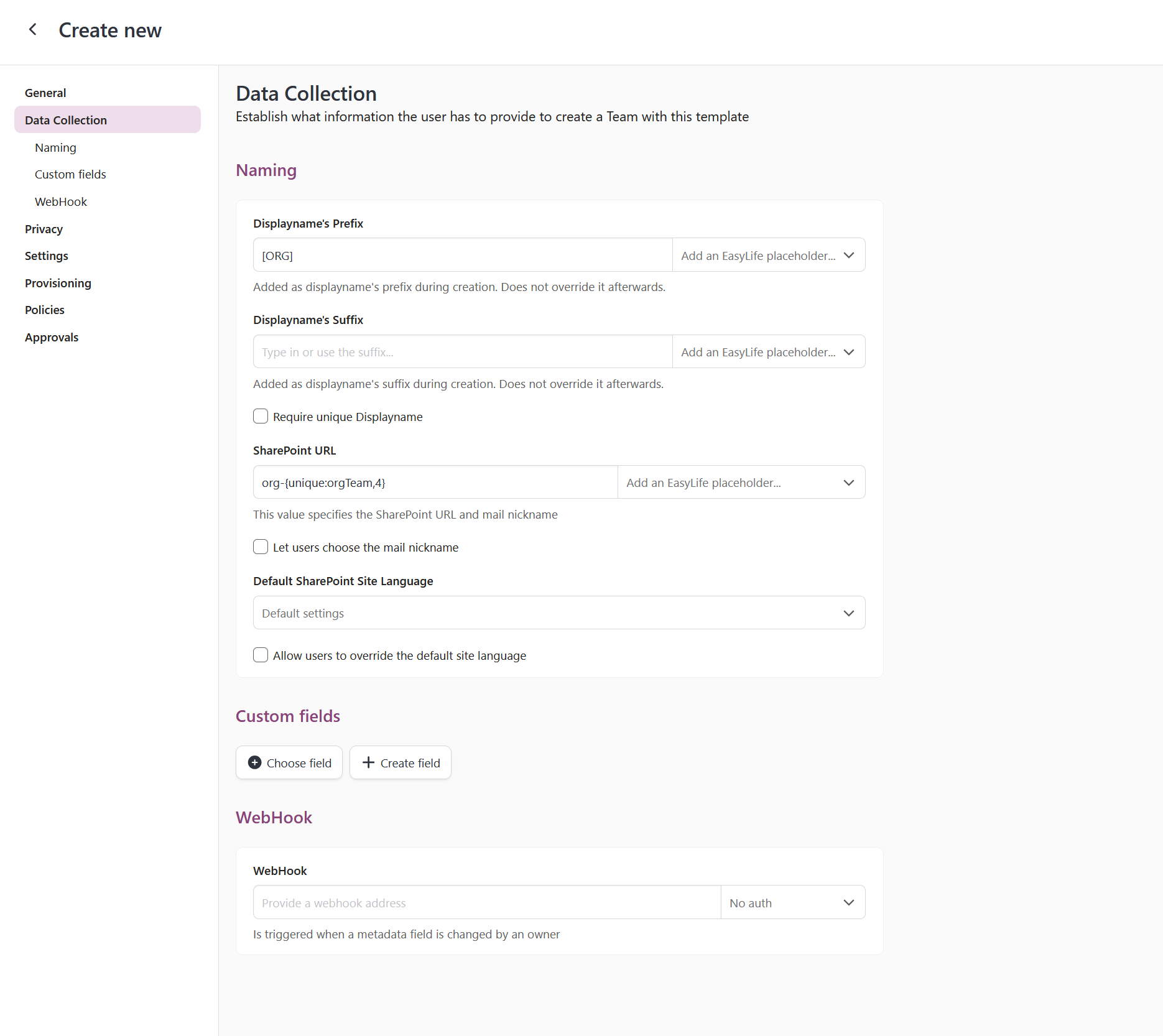 org teams template data collection