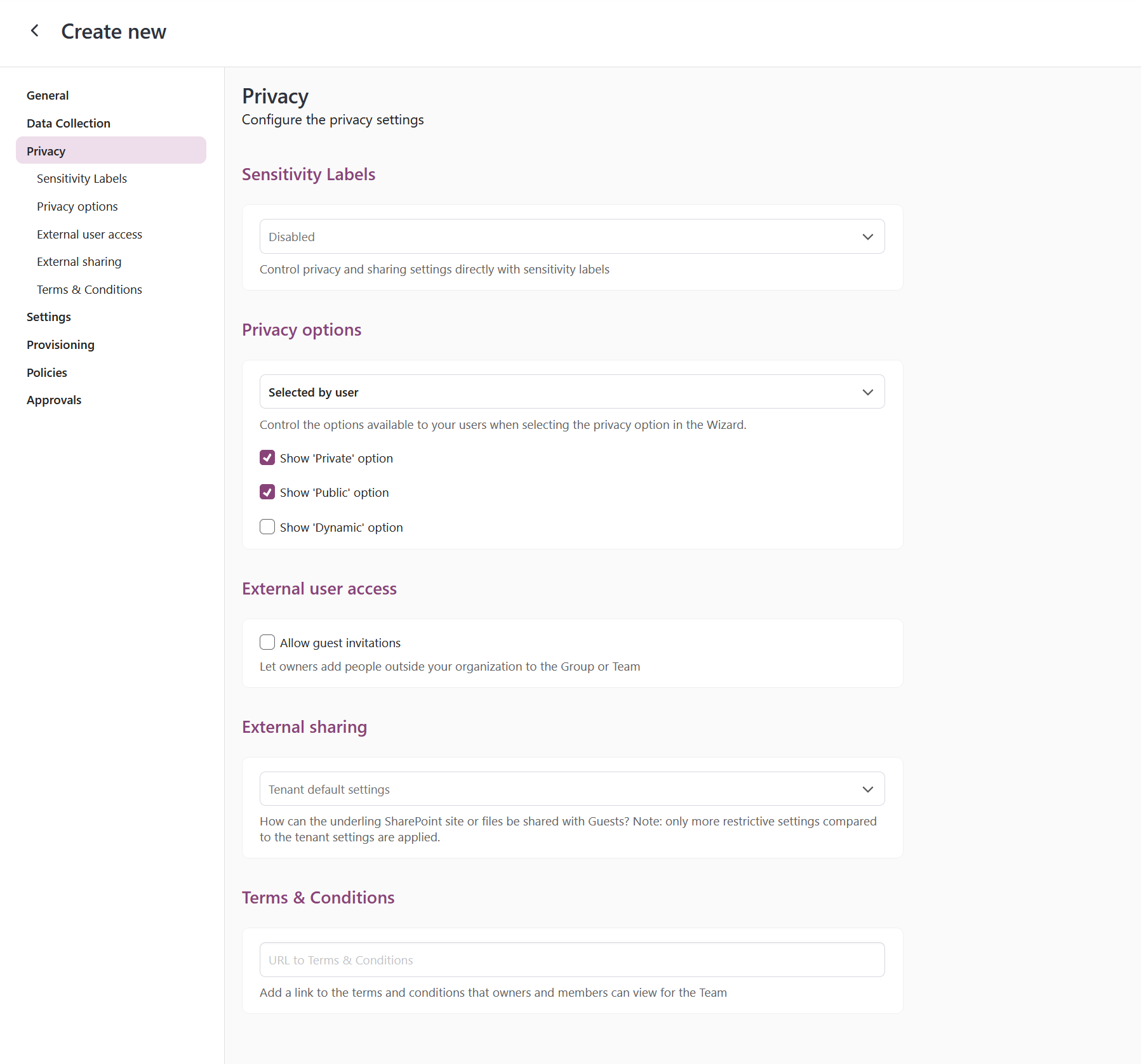 org teams template privacy