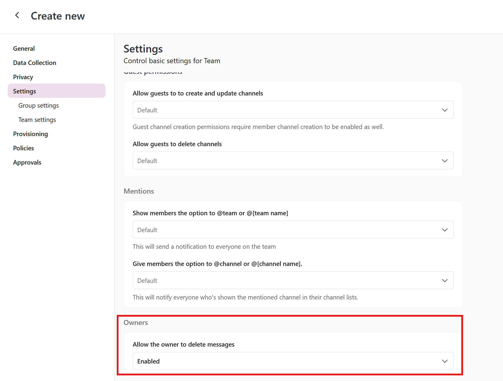 project teams template settings