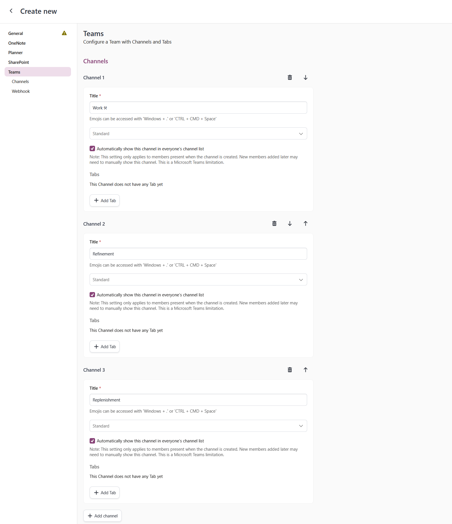 project teams provisioning action channels