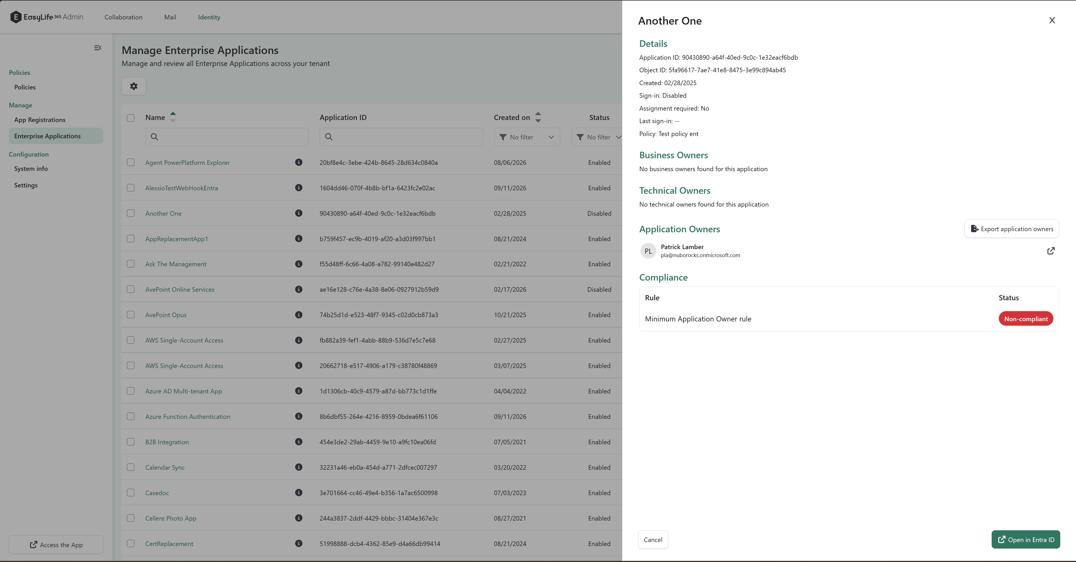 Application details panel